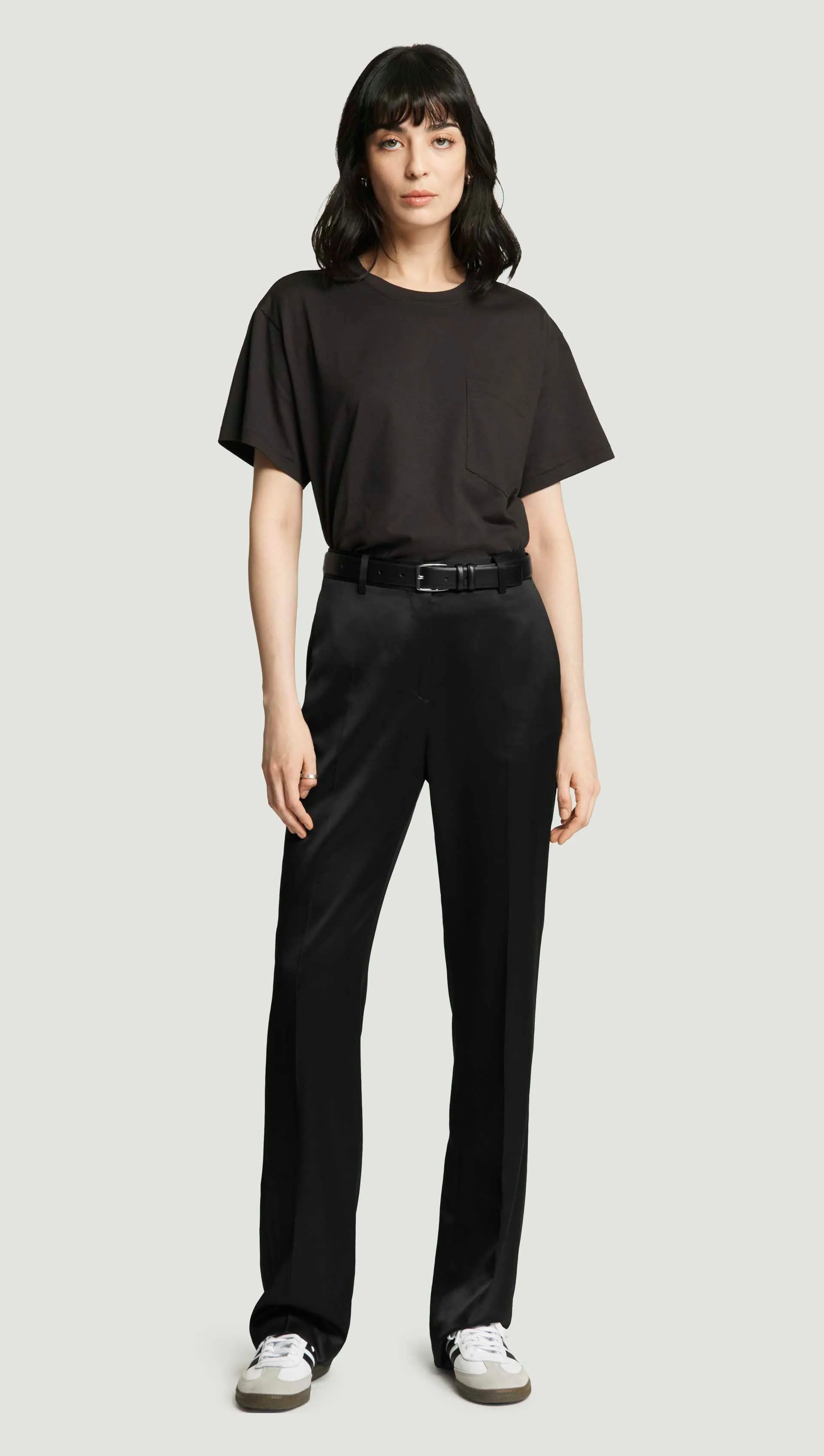Straight Leg Trouser in Satin Viscose Wool | Black sold by Argent