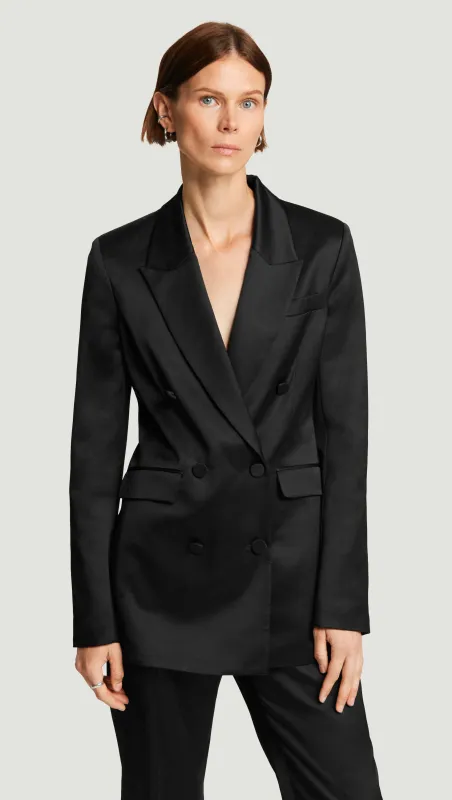 Double-Breasted Blazer in Satin Viscose Wool | Black sold by Argent