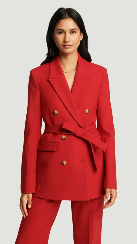 Belted Double-Breasted Blazer in Heavy Wool Twill | Ruby Red made by Argent