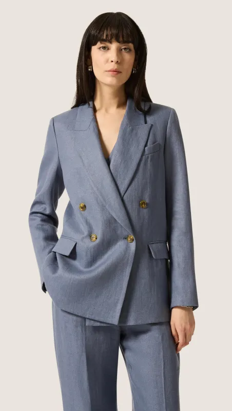 Peak Lapel Blazer in Basket Weave Linen | Blue Grey sold by Argent