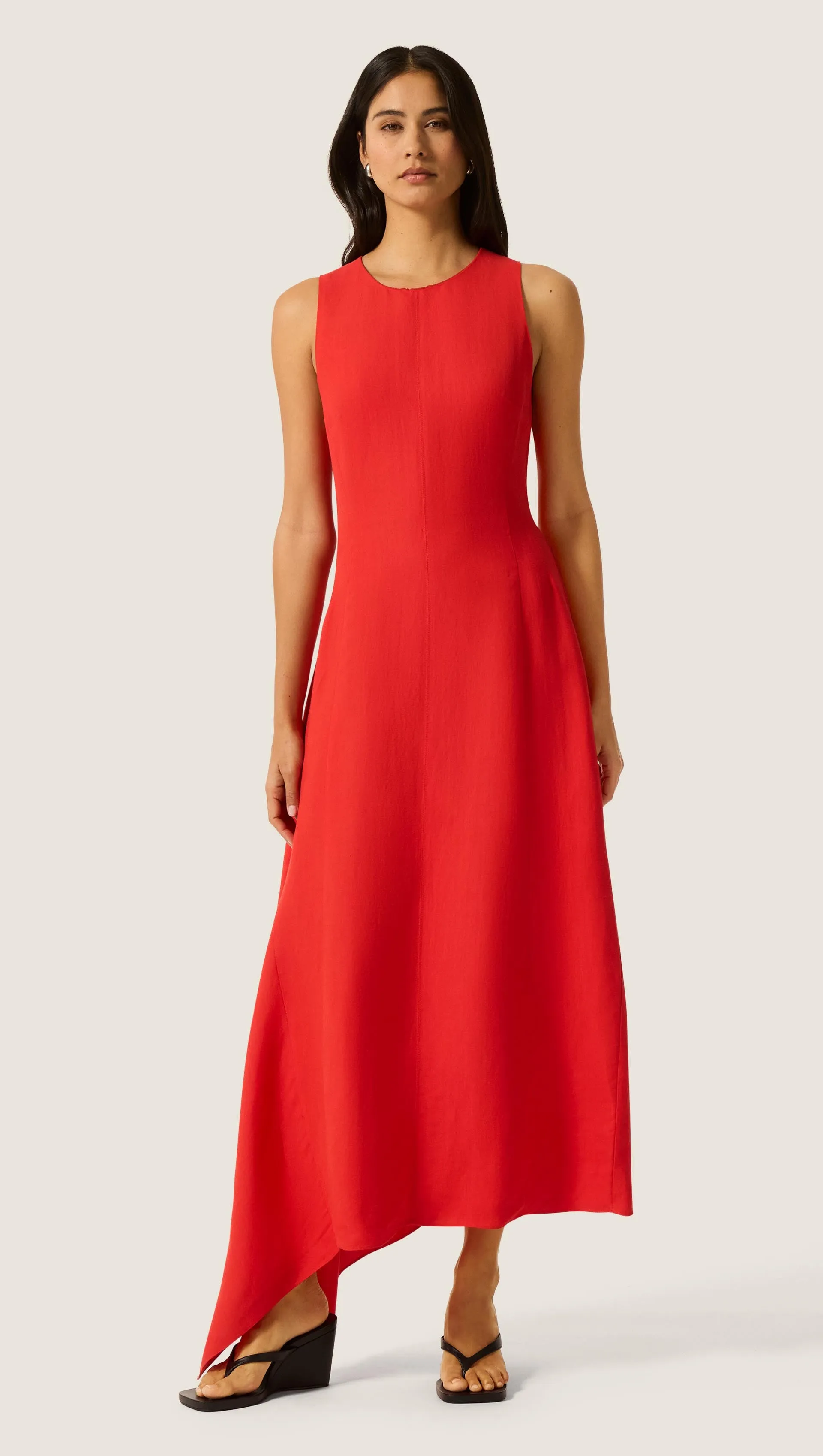 Asymmetrical Dress in Viscose Linen | Coral Red sold by Argent