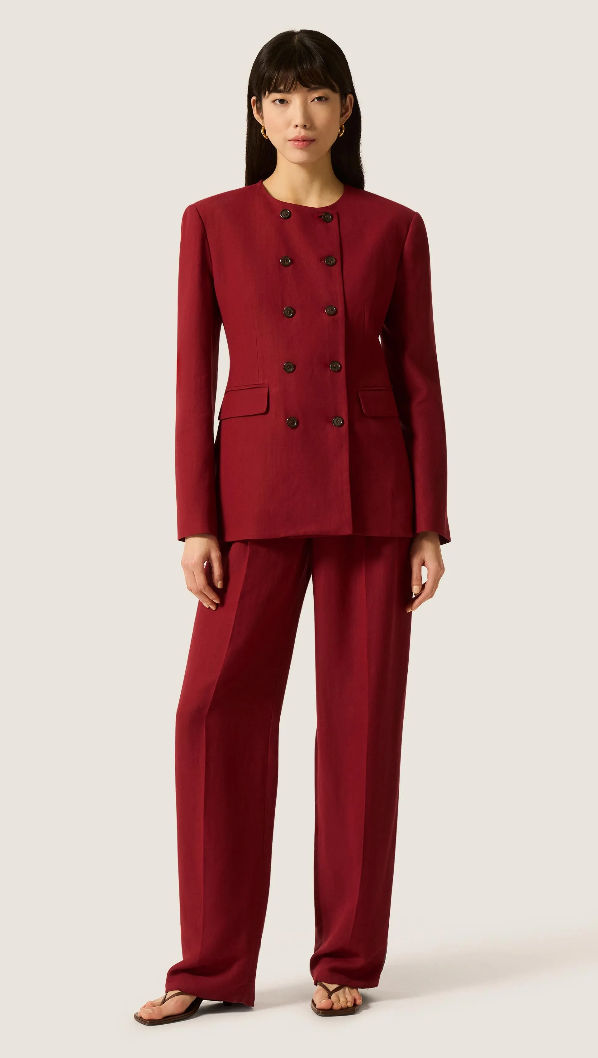 Double-Breasted Crewneck Blazer in Viscose Linen | Maroon sold by Argent product image thumbnail 3