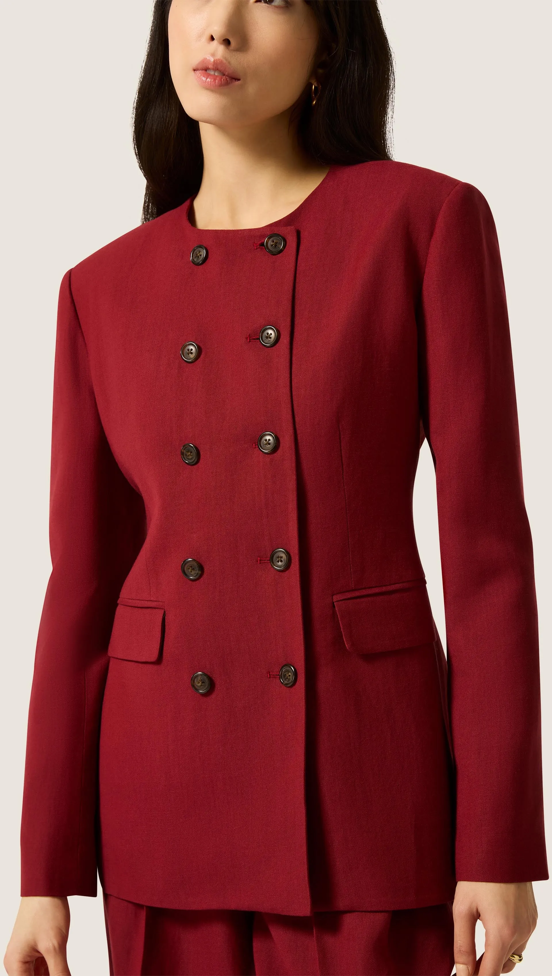 Double-Breasted Crewneck Blazer in Viscose Linen | Maroon sold by Argent product image thumbnail 2