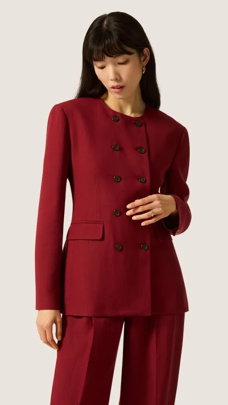 Double-Breasted Crewneck Blazer in Viscose Linen | Maroon made by Argent