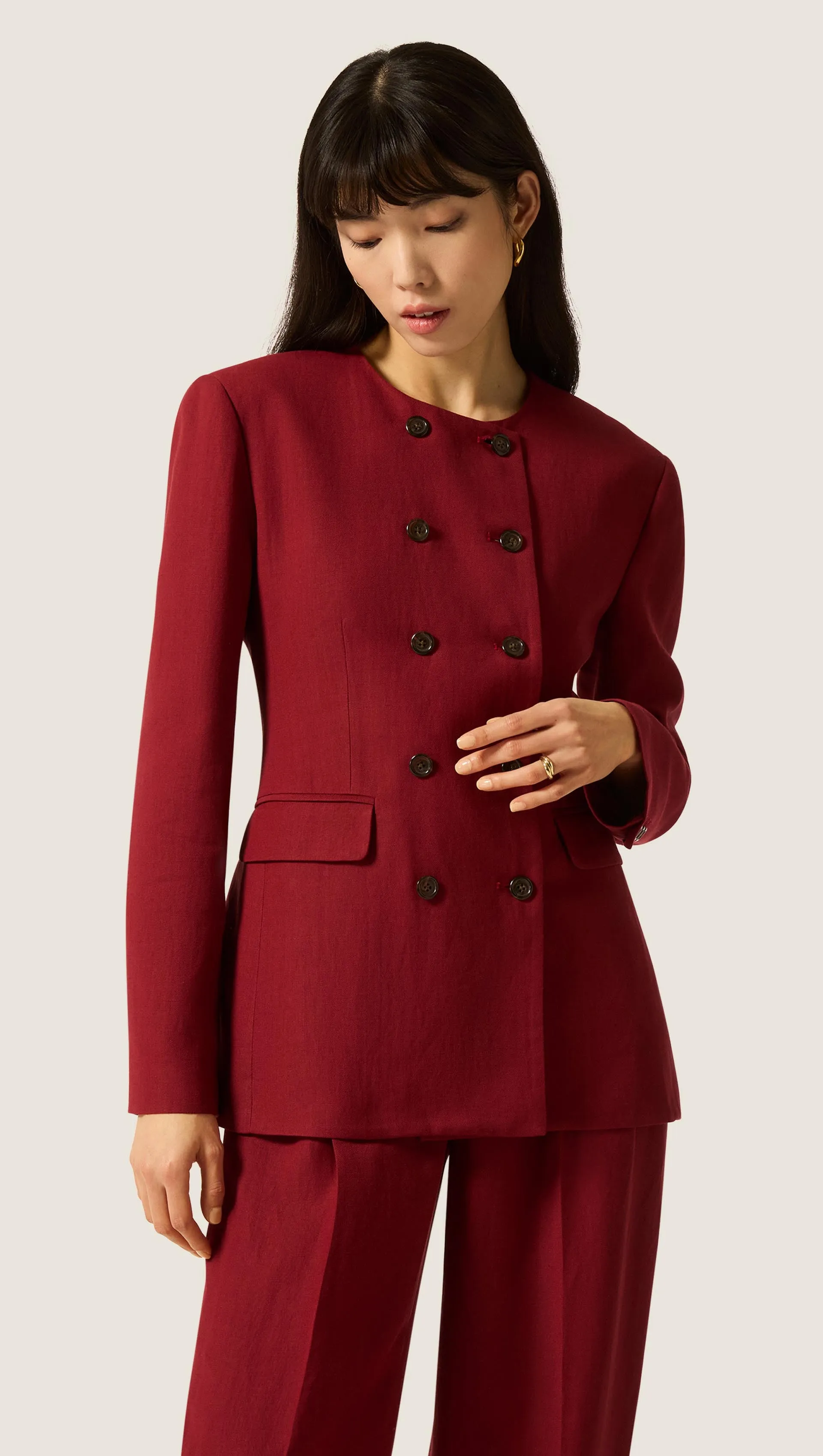 Double-Breasted Crewneck Blazer in Viscose Linen | Maroon sold by Argent