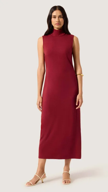 Sleeveless Mock Neck Dress in Wool Jersey | Maroon made by Argent