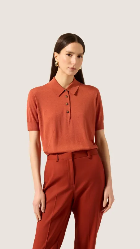 Fine Knit Shortsleeve Polo in Merino Silk | Persimmon made by Argent