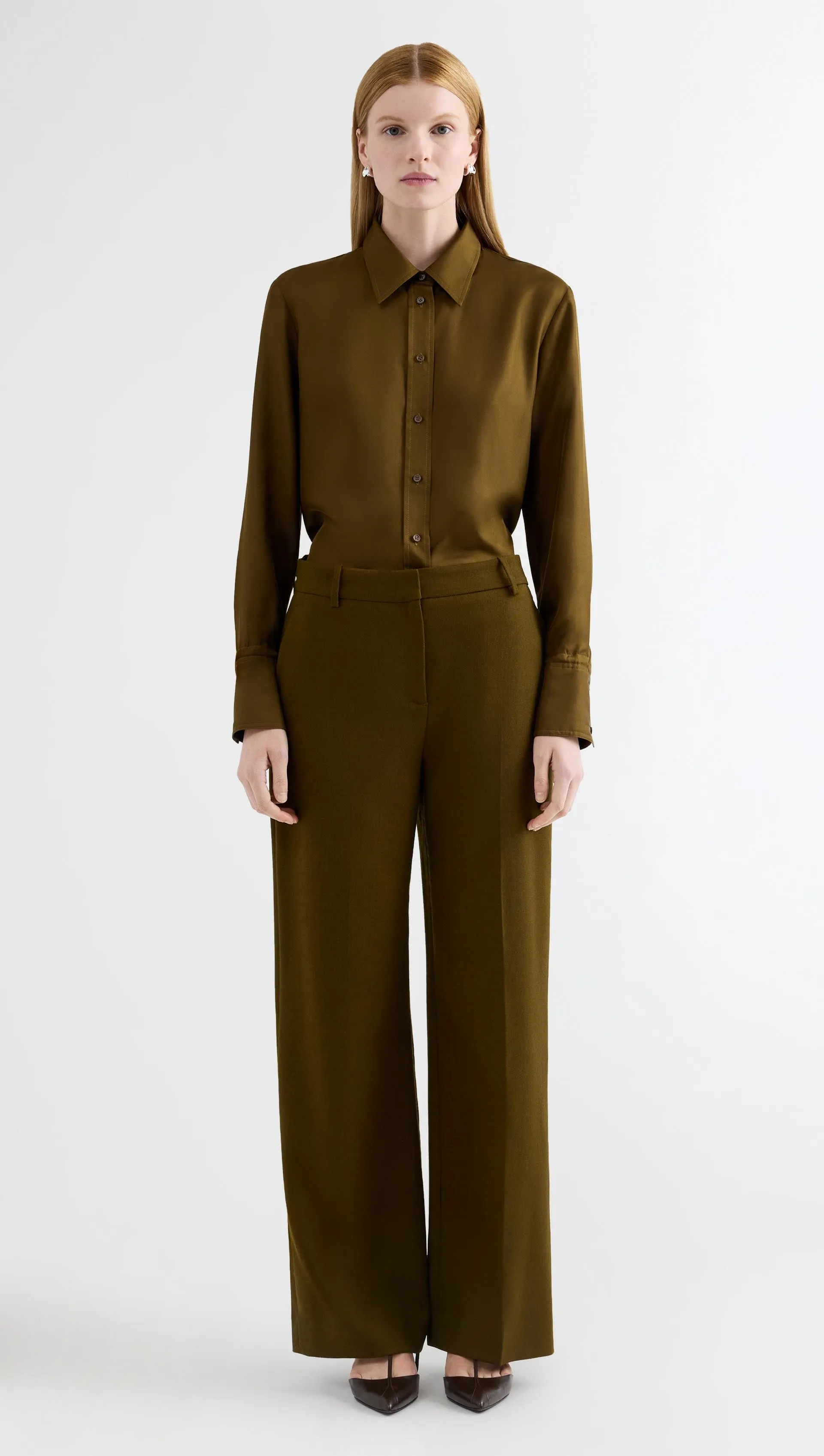Soho Trouser in Textured Wool | Green Ochre sold by Argent