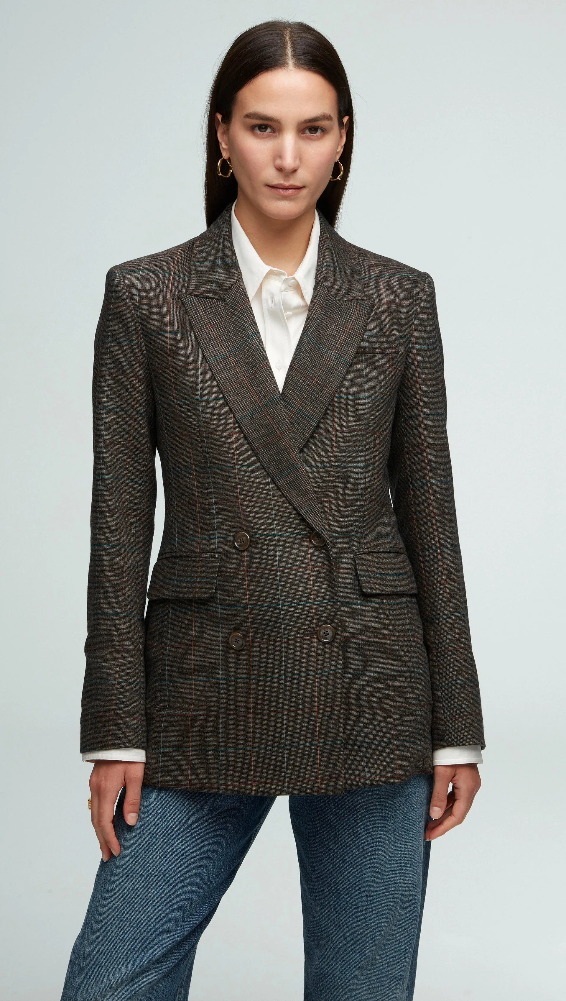 Double-Breasted Blazer in Wool Plaid | Black/Beige Multi sold by Argent