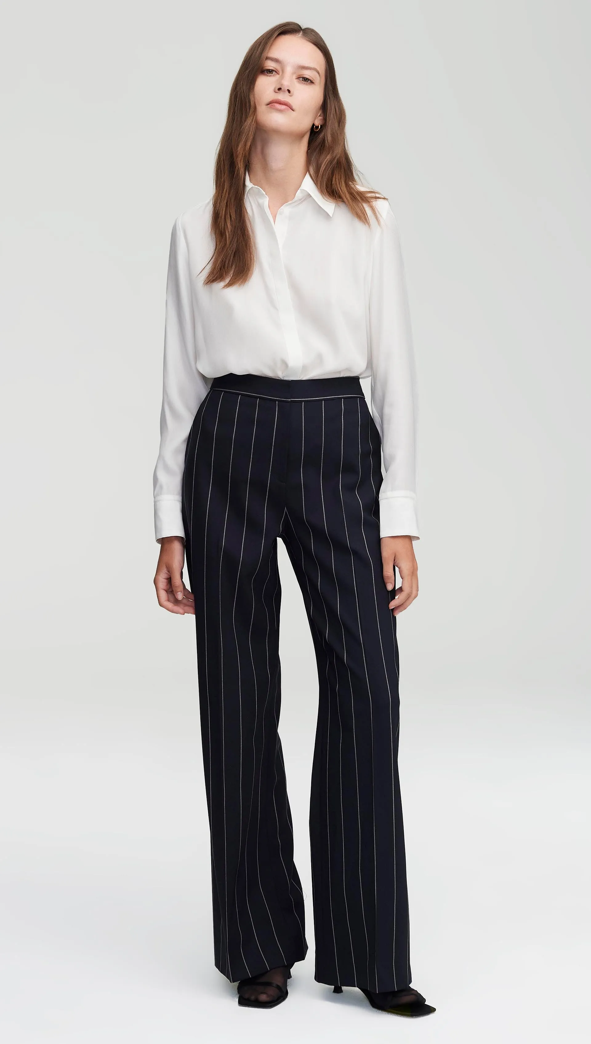 Wide Leg Trouser in Stretch Wool | Navy Stripe sold by Argent