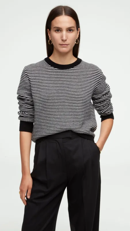 Striped Crewneck Sweater in Wool-Cashmere | Ivory/Black sold by Argent