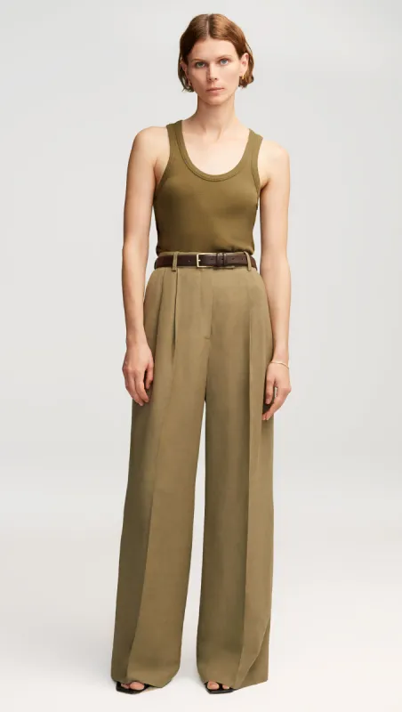 Pleated Trouser in Viscose Linen Twill | Khaki Green sold by Argent