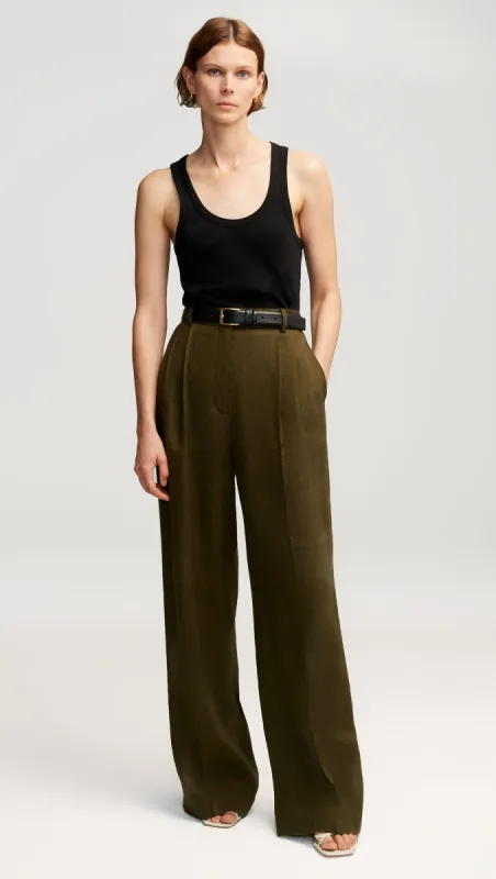 Pleated Trouser in Basket Weave Linen | Pine Needle sold by Argent