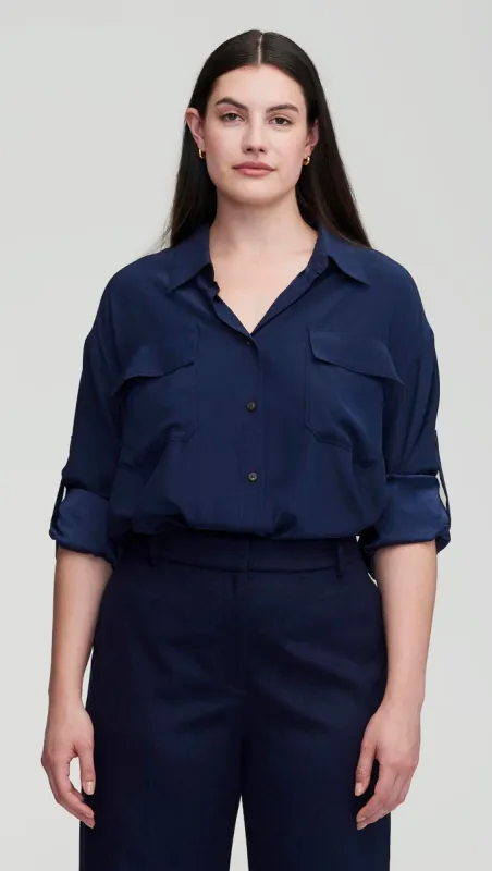 Utility Shirt in Matte-side Silk Charmeuse | Navy sold by Argent