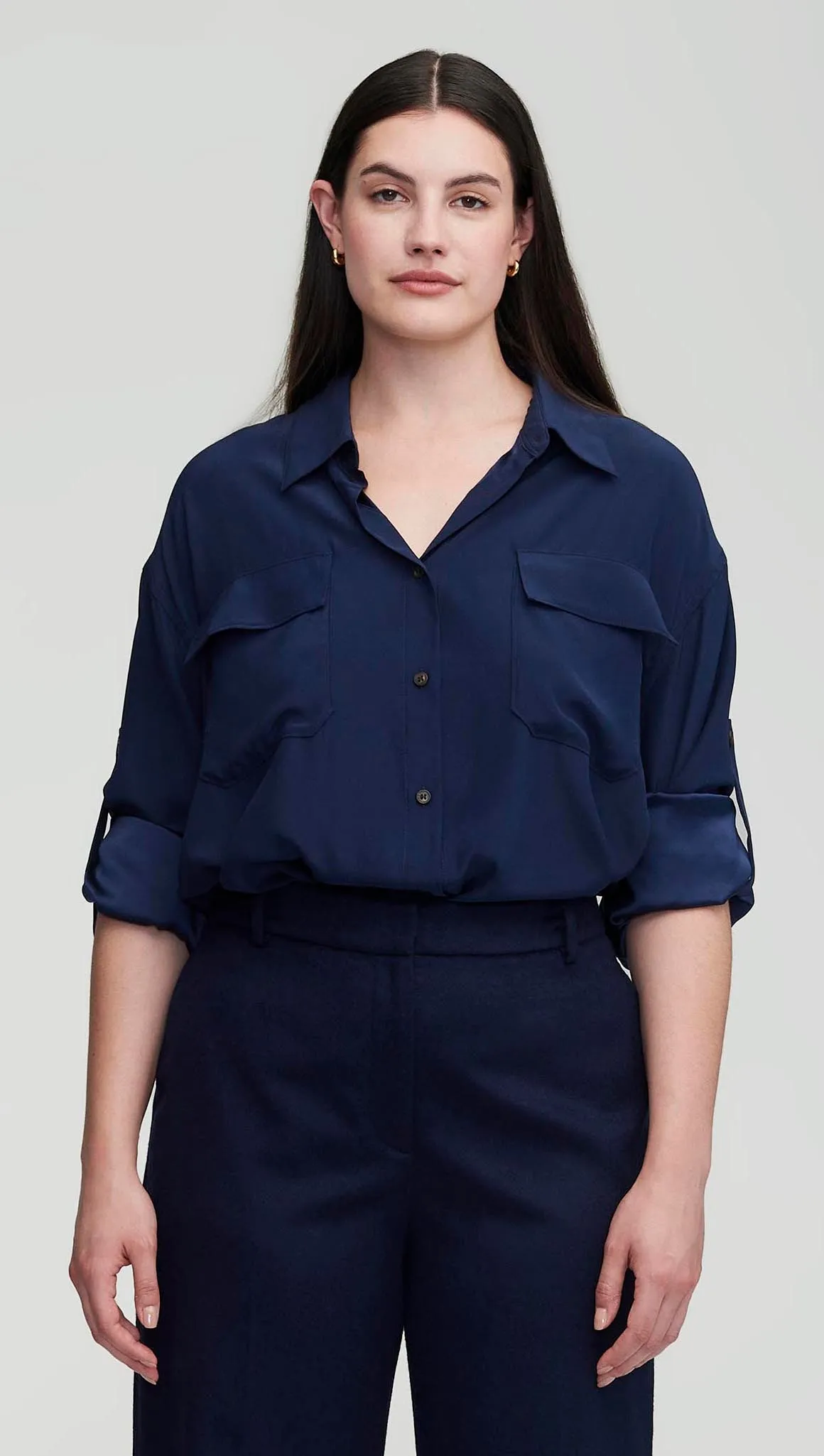 Utility Shirt in Matte-side Silk Charmeuse | Navy sold by Argent