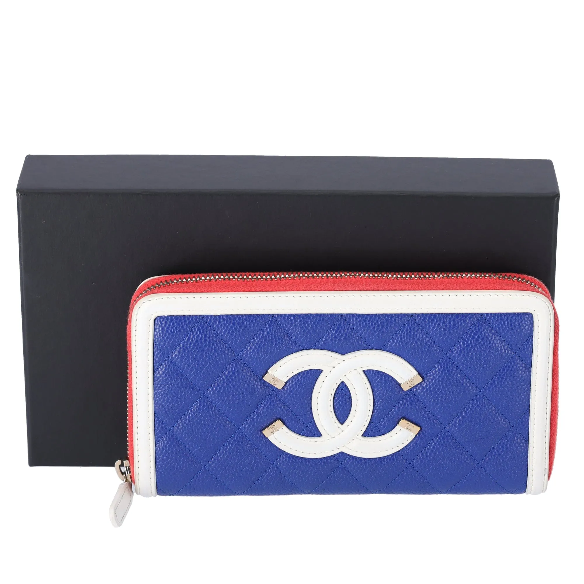 CHANEL Caviar Quilted Medium Filigree Zip Around Wallet Blue White Red sold by Gaby's Bags