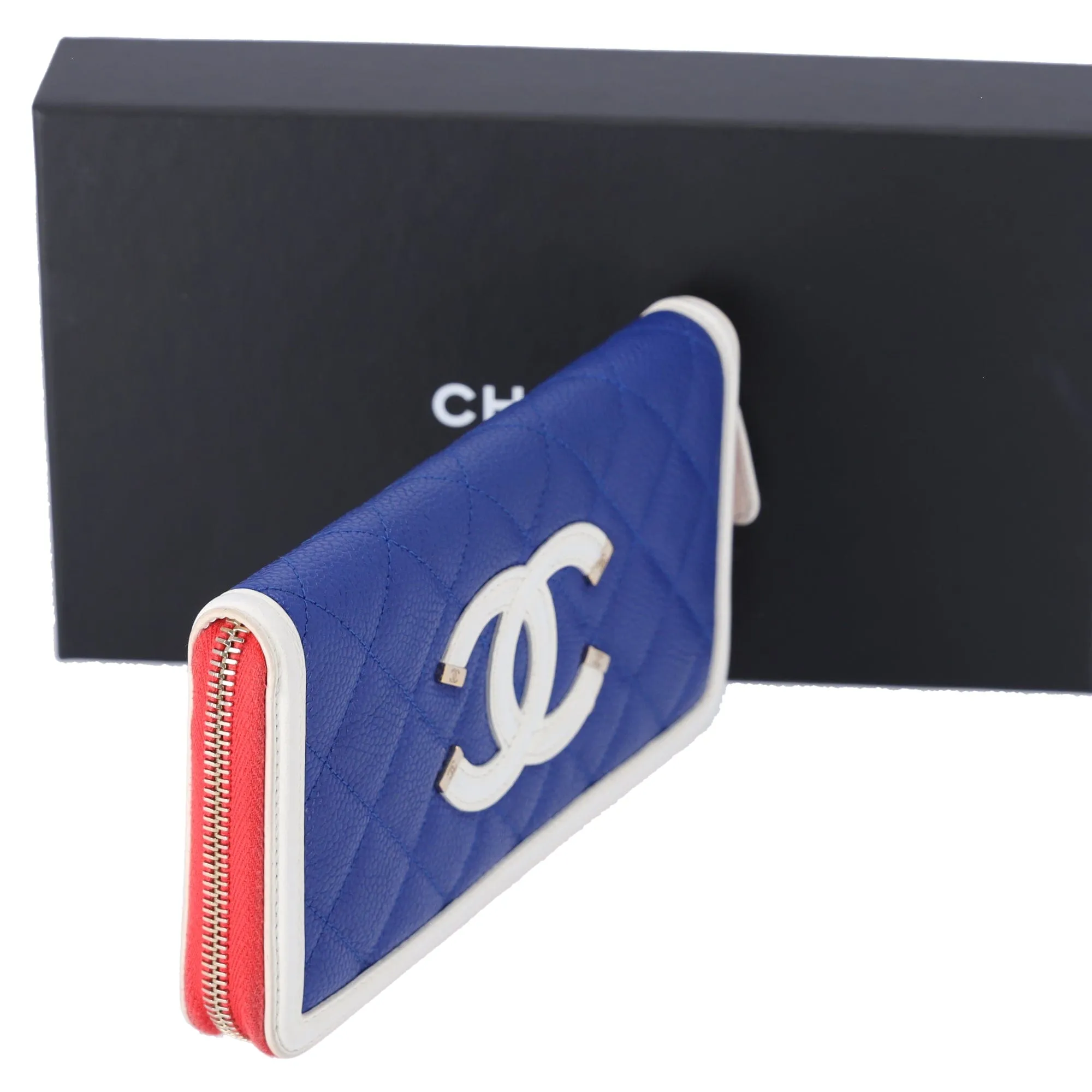 CHANEL Caviar Quilted Medium Filigree Zip Around Wallet Blue White Red sold by Gaby's Bags product image thumbnail 4