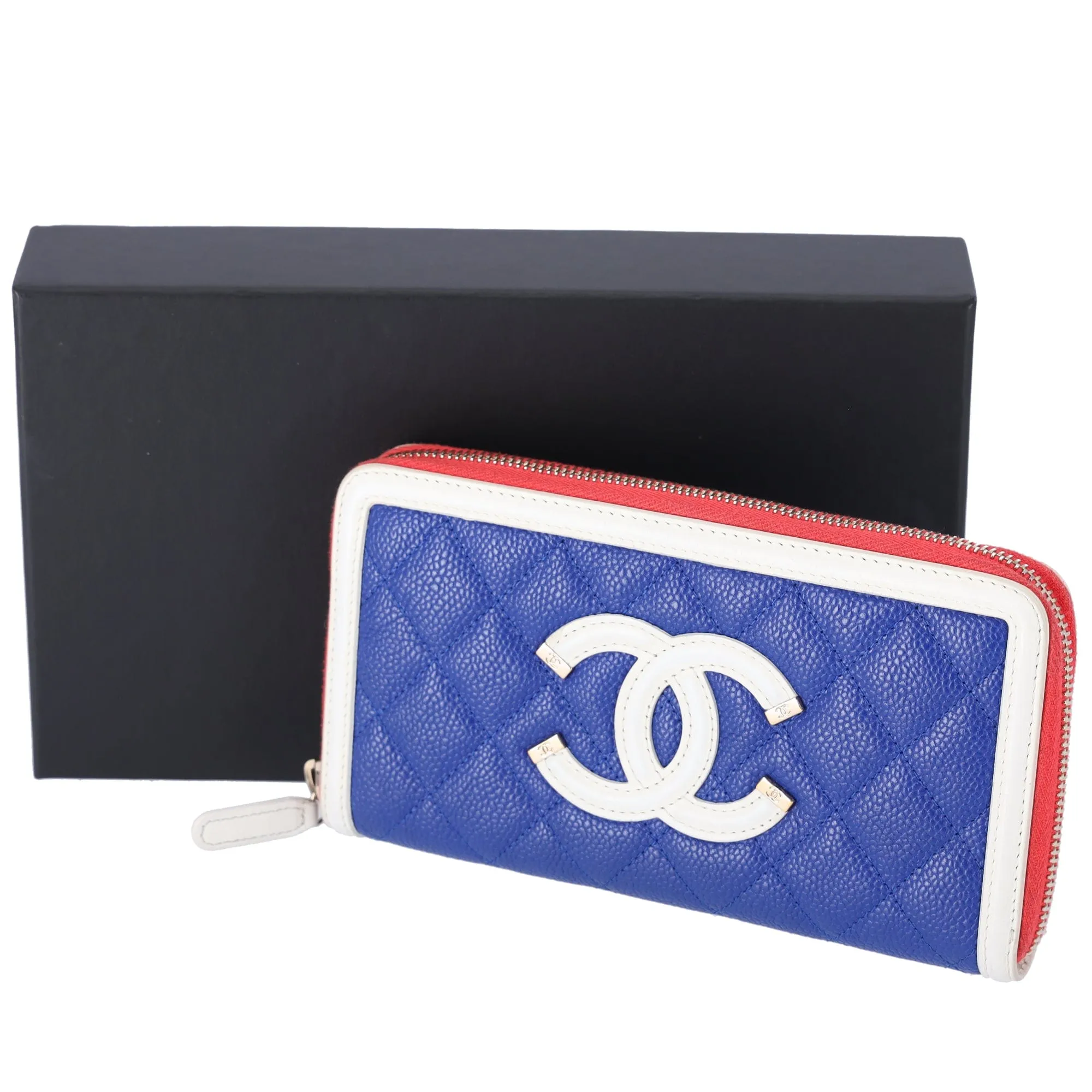 CHANEL Caviar Quilted Medium Filigree Zip Around Wallet Blue White Red sold by Gaby's Bags product image thumbnail 5