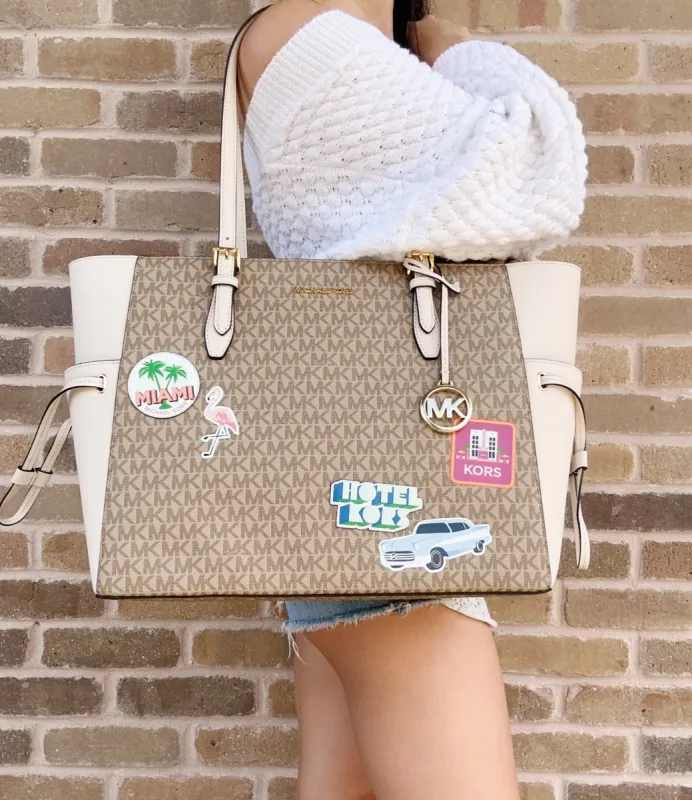 Michael Kors Gilly LargeDrawstring ZipTote LightCream MKSignature Miami sold by Gaby's Bags