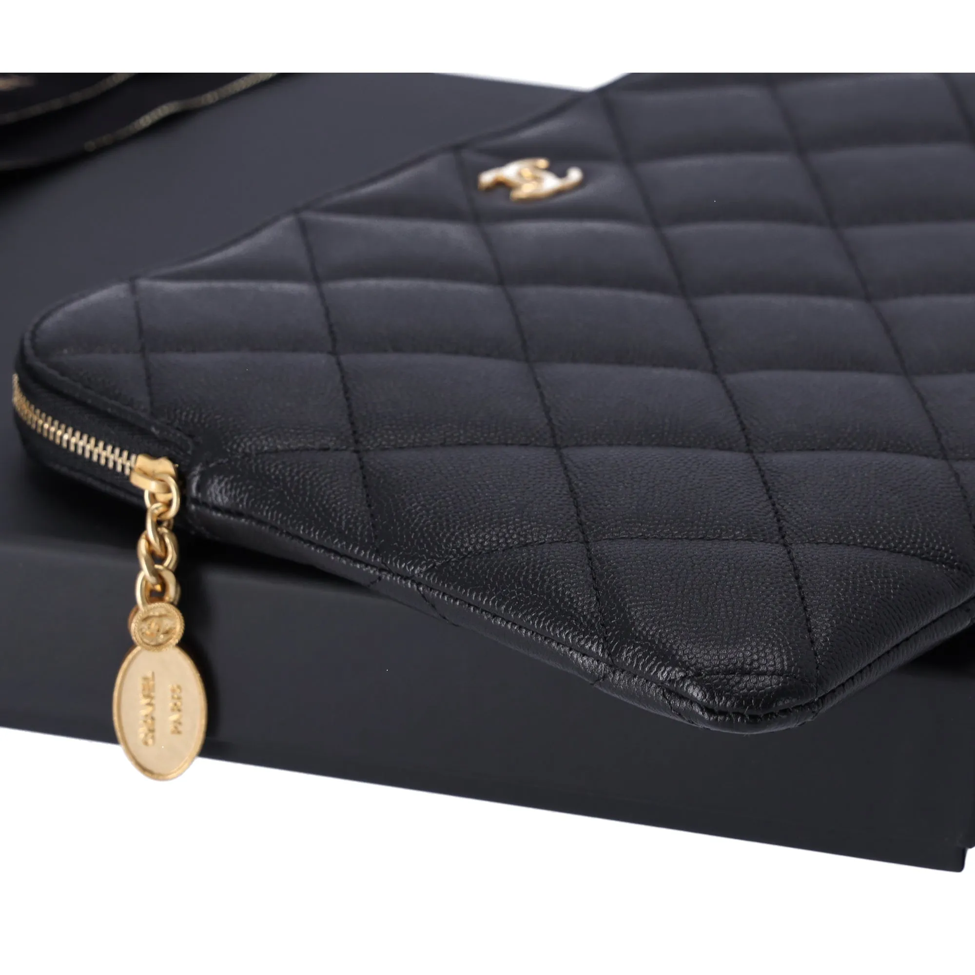 CHANEL Matelasse Clutch Bag Quilted Zip Pouch Black Caviar Leather Full Set sold by Gaby's Bags product image thumbnail 4