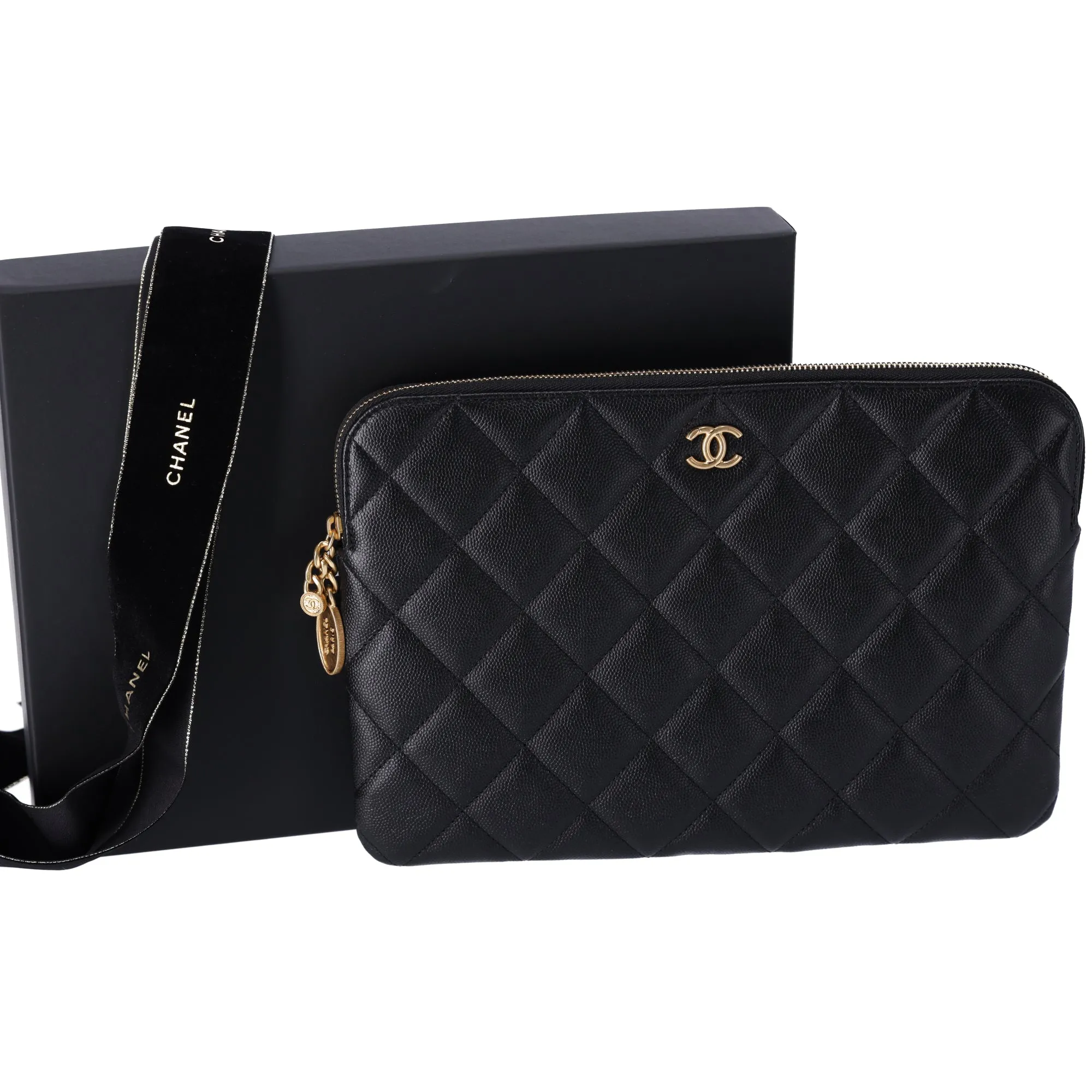 CHANEL Matelasse Clutch Bag Quilted Zip Pouch Black Caviar Leather Full Set sold by Gaby's Bags