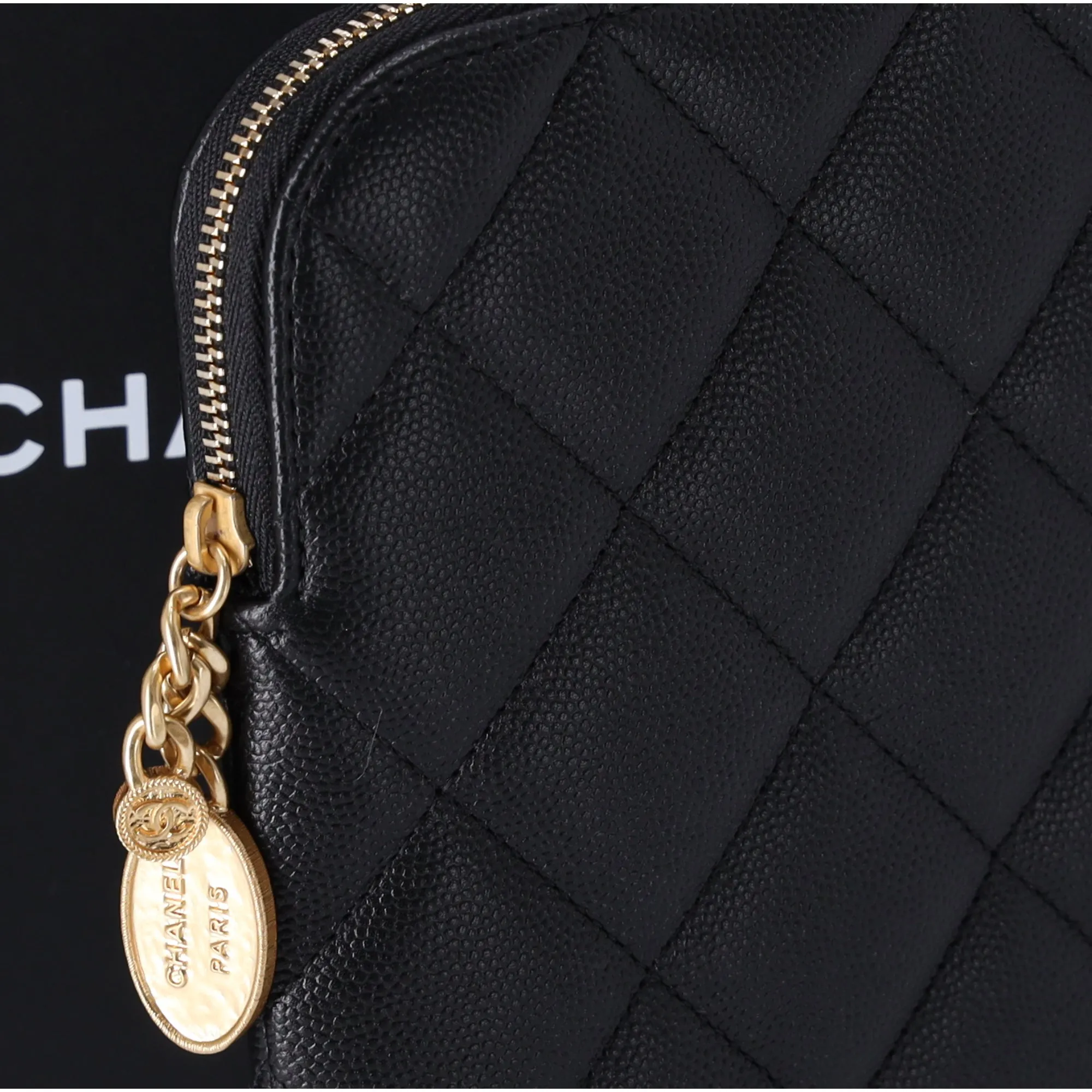 CHANEL Matelasse Clutch Bag Quilted Zip Pouch Black Caviar Leather Full Set sold by Gaby's Bags product image thumbnail 2