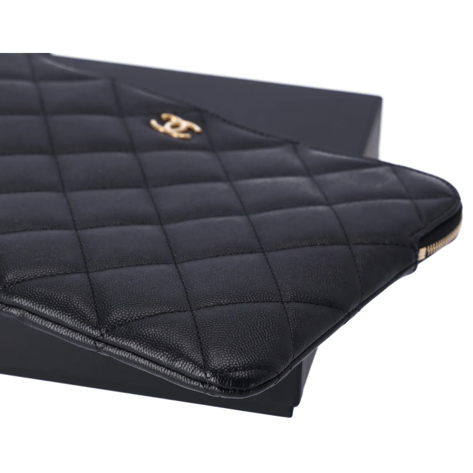 CHANEL Matelasse Clutch Bag Quilted Zip Pouch Black Caviar Leather Full Set sold by Gaby's Bags product image thumbnail 3