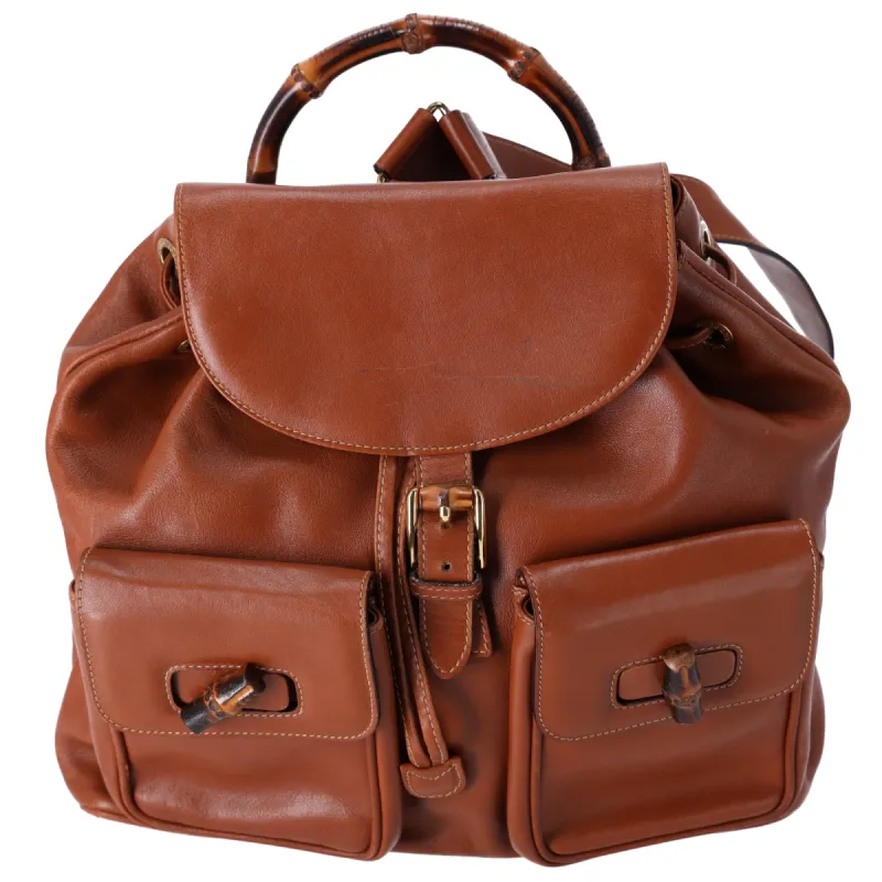 GUCCI Bamboo Backpack Leather Brown Drawstring Flap Front Pockets sold by Gaby's Bags