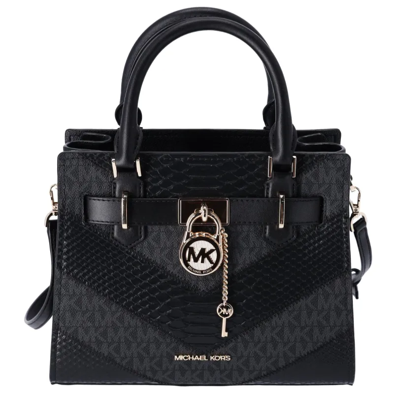 Michael Kors Hamilton Small Satchel Crossbody Exotic MK Black Signature sold by Gaby's Bags