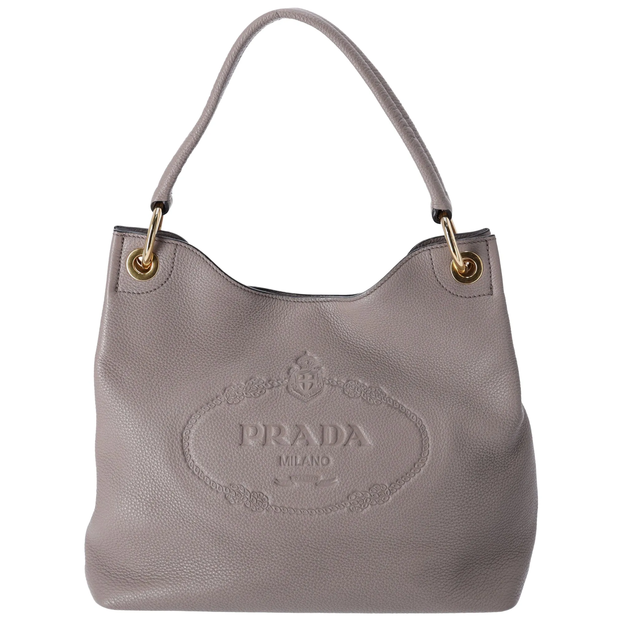 PRADA Vitello Phenix Logo Hobo Shoulder Tote Taupe Pebbled Leather 1BC051 sold by Gaby's Bags