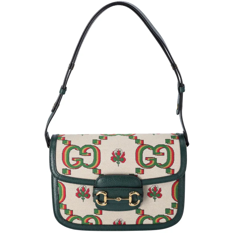Gucci Beige Green GG 100th Anniversary 1955 Horsebit Shoulder Bag sold by Gaby's Bags