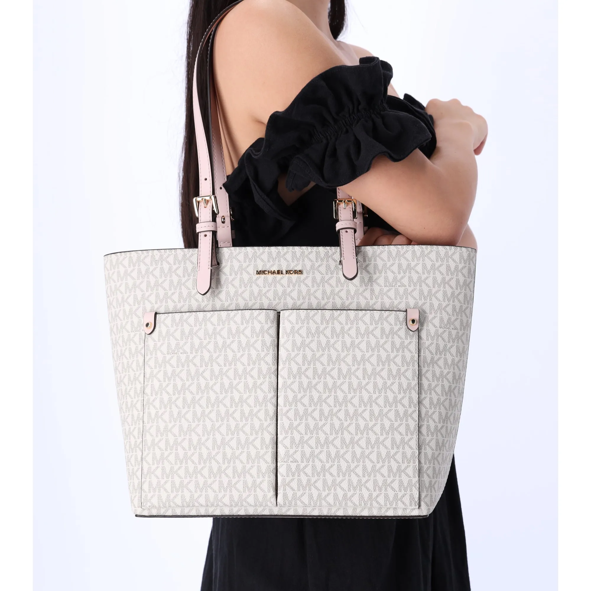 Michael Kors Jet Set Travel Medium Double Pocket Tote Vanilla MK Blush Pink sold by Gaby's Bags
