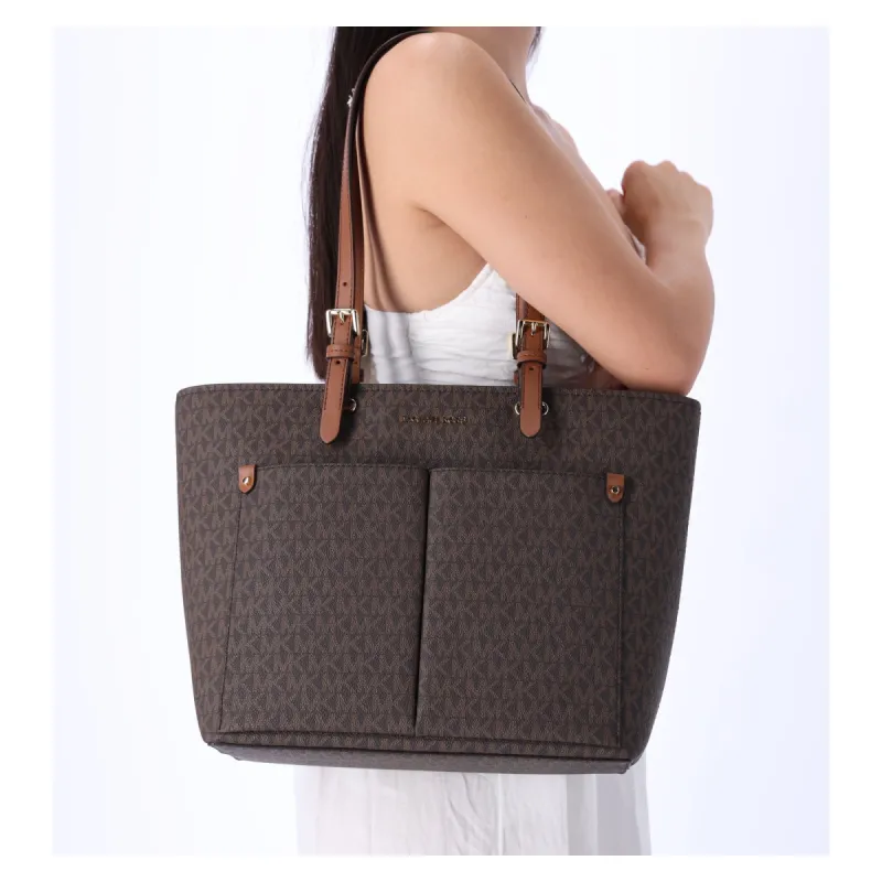 Michael Kors JetSet Travel Medium DoublePocket Tote VeganLeather BrownMK sold by Gaby's Bags