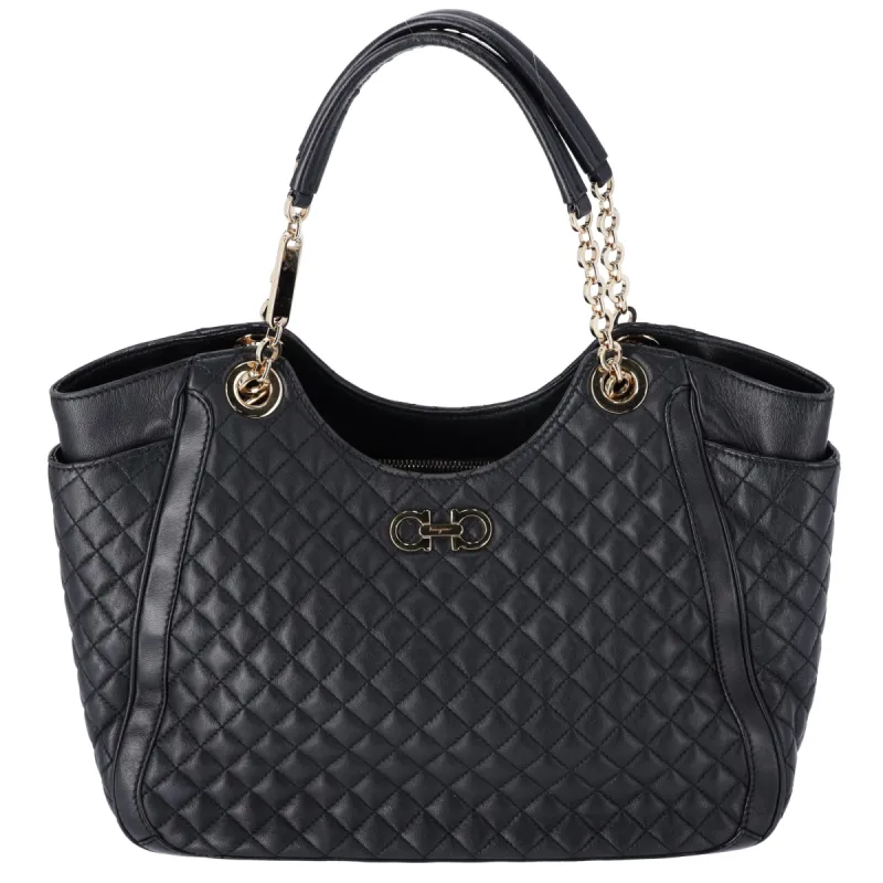 Salvatore Ferragamo Betulla Chain Tote Shoulder Bag Black Quilted Leather sold by Gaby's Bags