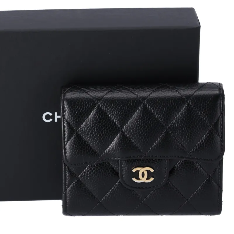 CHANEL Caviar Quilted Compact Flap Wallet Trifold Black sold by Gaby's Bags