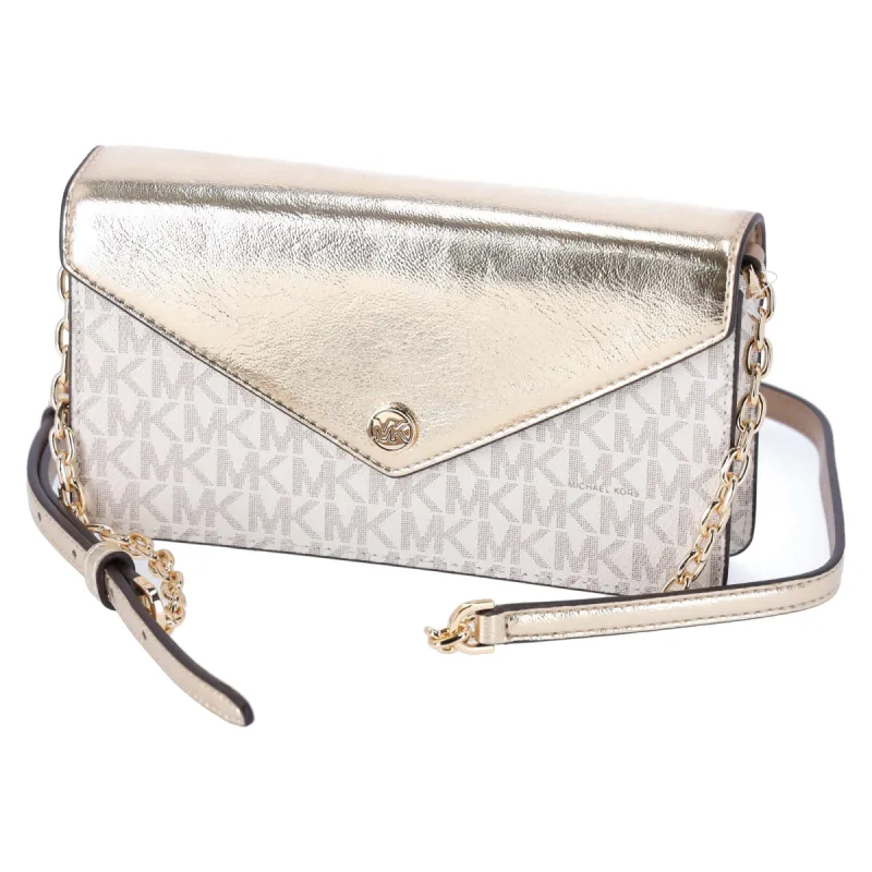 Michael Kors Jet Set Travel Small Signature Clutch Crossbody Vanilla Pale Gold sold by Gaby's Bags