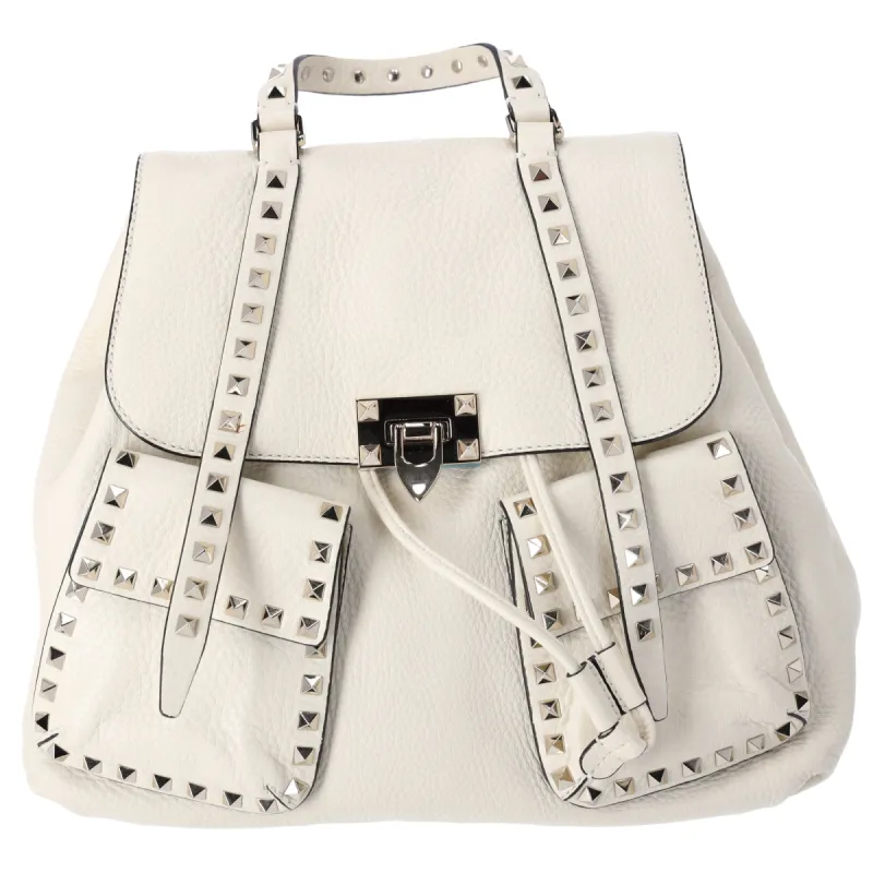 Valentino Garavani Pebbled Calfskin Rockstud Double Pocket Backpack White sold by Gaby's Bags