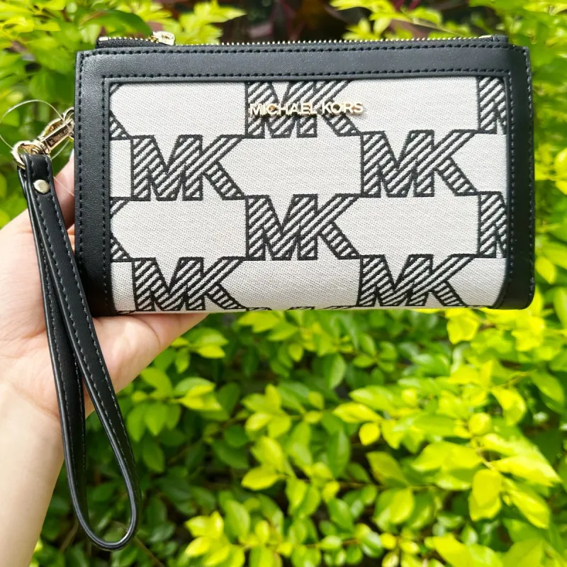 Michael Kors Jet Set Travel Large Double Zip Wallet Graphic Logo MK Beige Black made by Michael Kors