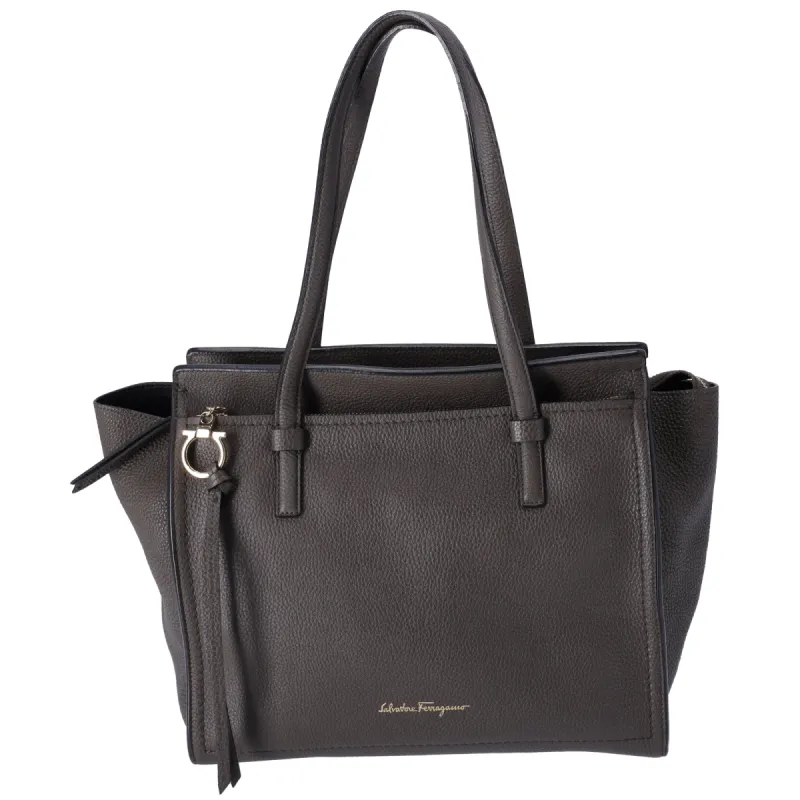 Salvatore Ferragamo Amy Medium Top Zip Shoulder Tote Bag Leather Dark Gray sold by Gaby's Bags