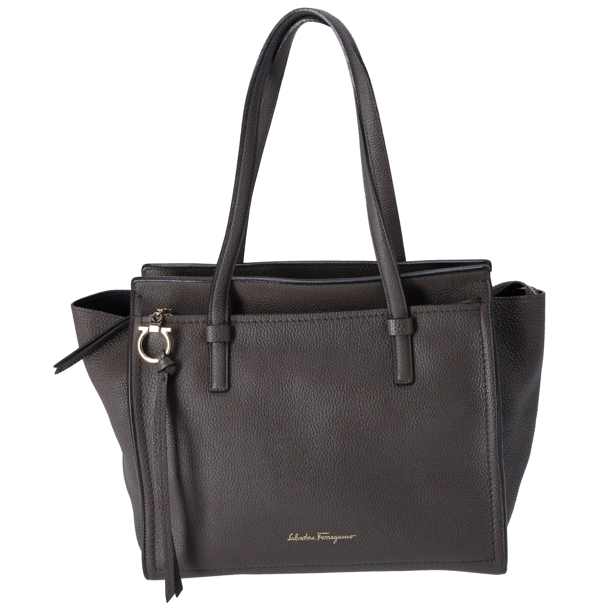 Salvatore Ferragamo Amy Medium Top Zip Shoulder Tote Bag Leather Dark Gray sold by Gaby's Bags