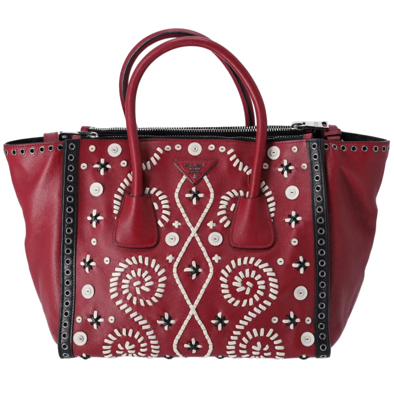 Prada Triangle Logo Tote Bag Bordeaux Cream Black Saffiano Leather sold by Gaby's Bags