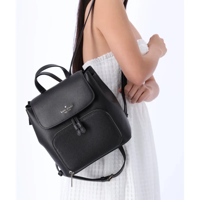 Kate Spade Kristi Refined Grain Leather Medium Flap Drawstring Backpack Black made by Gaby's Bags