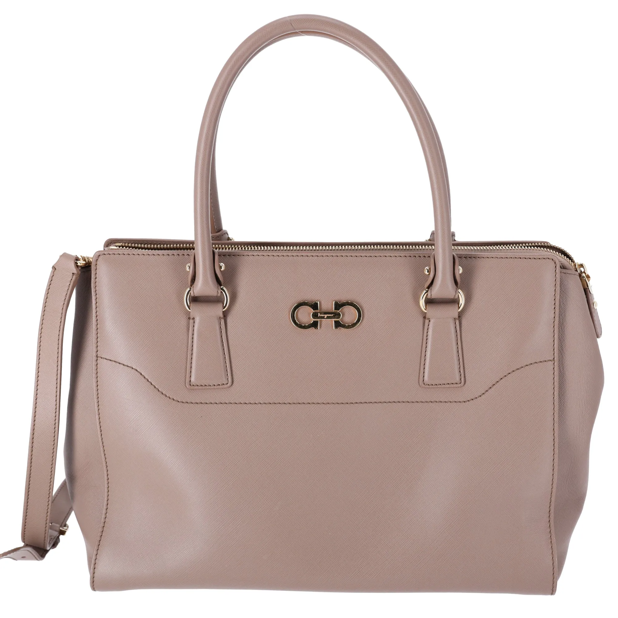 Salvatore Ferragamo Beky Triple Compartment Tote Taupe Saffiano Leather sold by Gaby's Bags