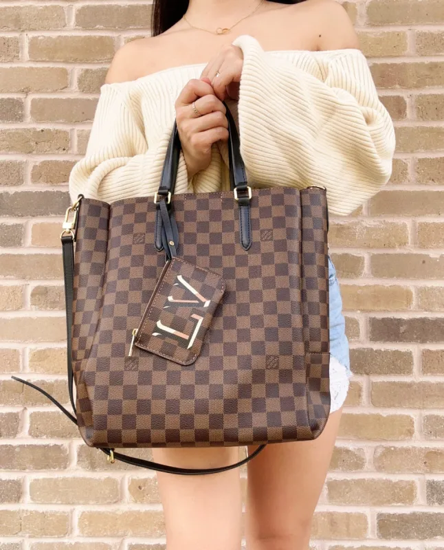 Louis Vuitton Damier Ebene Belmont NV MM Tote Bag N60294 LV + Pouch Brown Black sold by Gaby's Bags