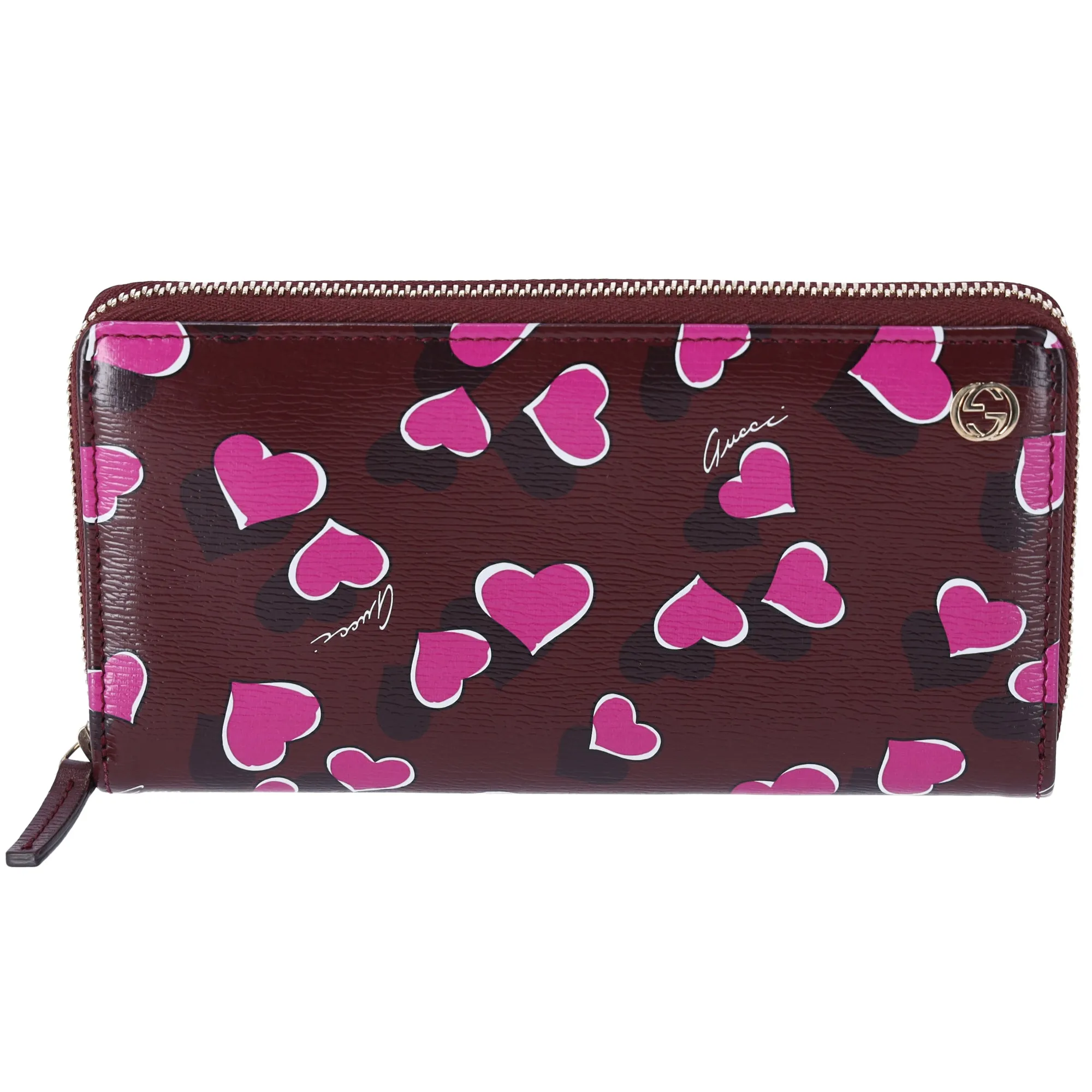 GUCCI Betty Interlocking G Heartbeat Print Zip Around Wallet Wine Pink sold by Gaby's Bags
