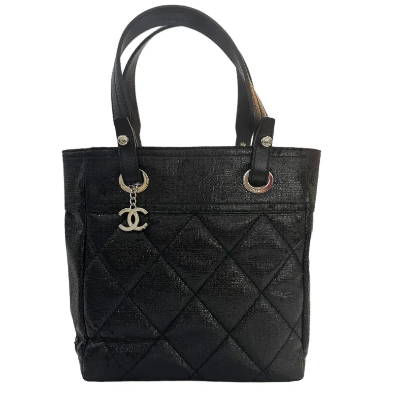 CHANEL Paris Biarritz Tote Black Coated Canvas Leather Small Tote Bag Black sold by Gaby's Bags