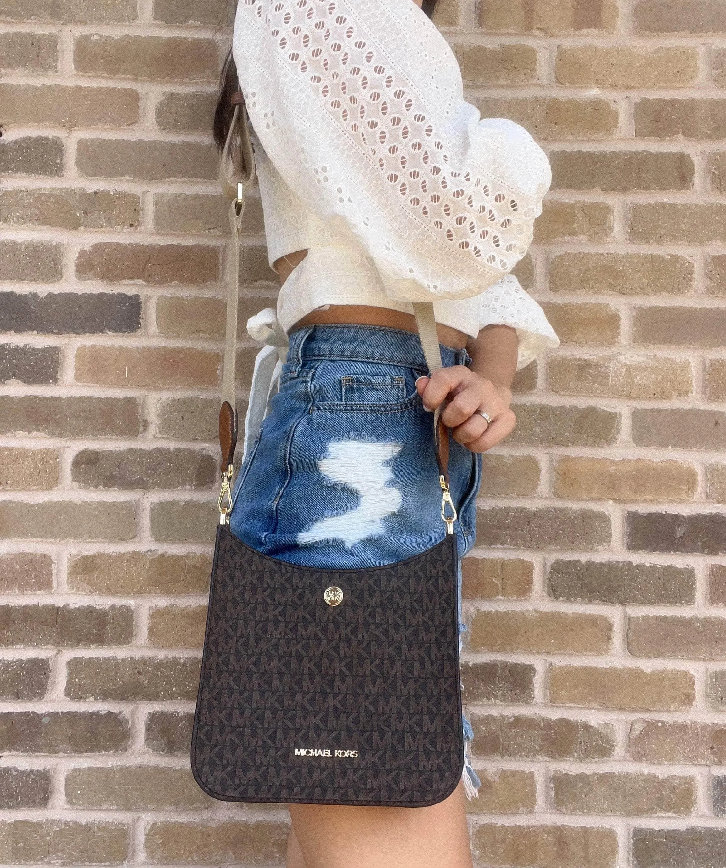 Michael Kors Jet Set Briley Small Messenger Crossbody Brown MK Signature sold by Gaby's Bags