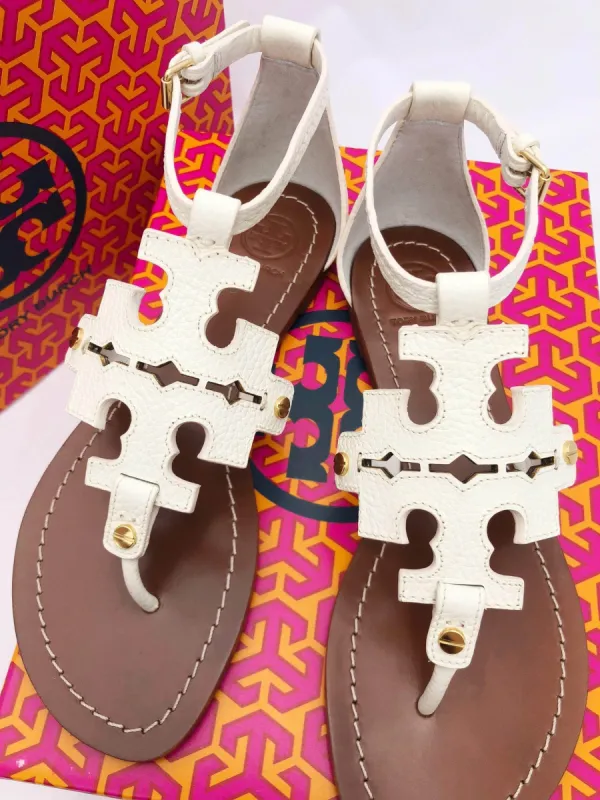 Tory Burch Phoebe Flat Thong Sandals Ivory White Leather Miller Logo sold by Gaby's Bags