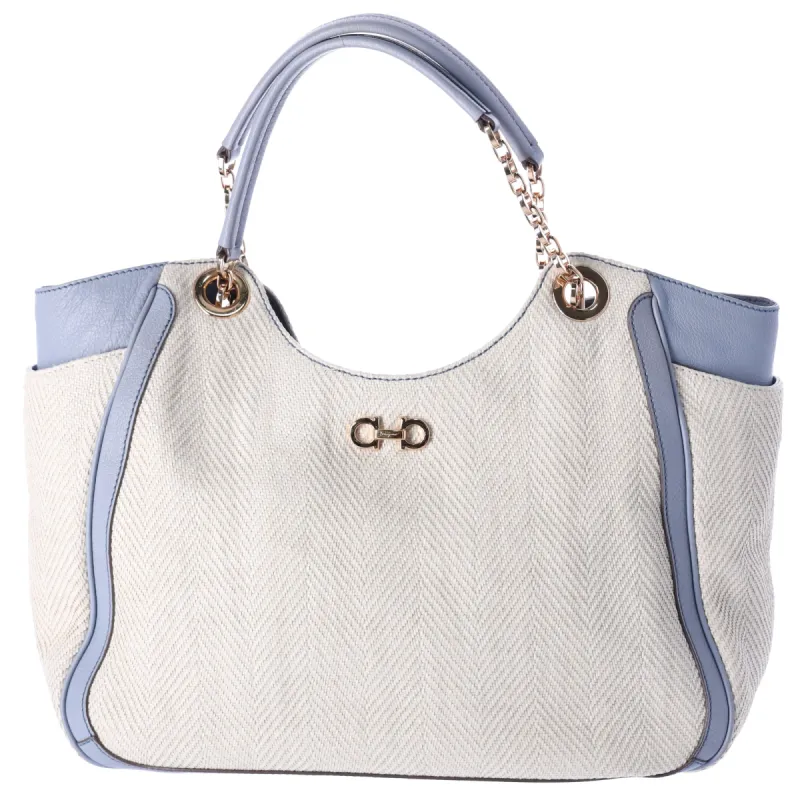 Salvatore Ferragamo Betulla Chain Tote Shoulder Bag Coated Canvas Blue Cream sold by Gaby's Bags