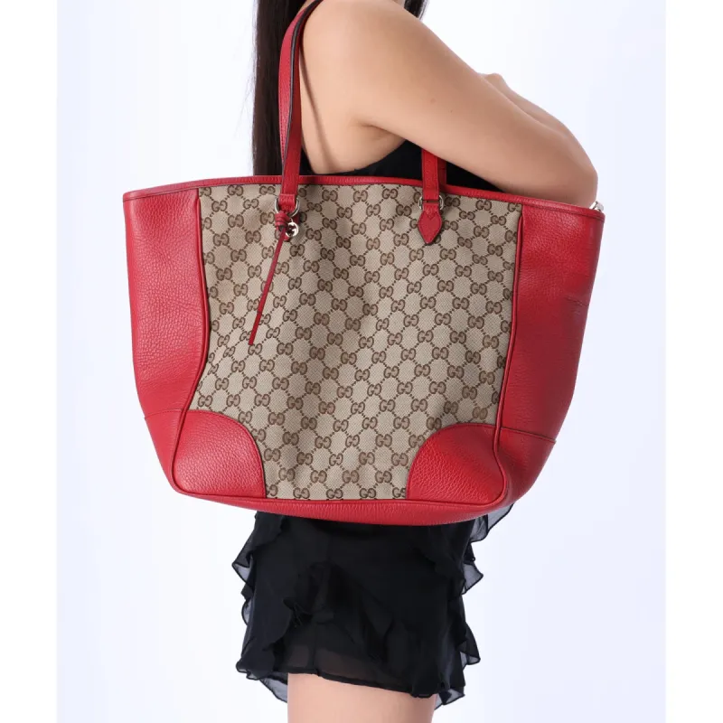 GUCCI Bree 449242 Dark Brown Beige Red Jacquard Leather Large Top Zip Tote sold by Gaby's Bags